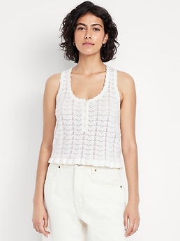 Sleeveless Pointelle Cropped Henley Top - image 3