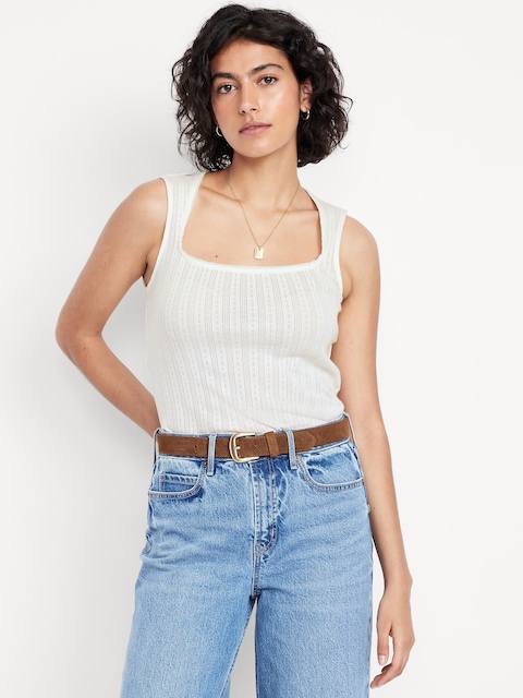Trapeze-Neck Pointelle Top - Sea Salt