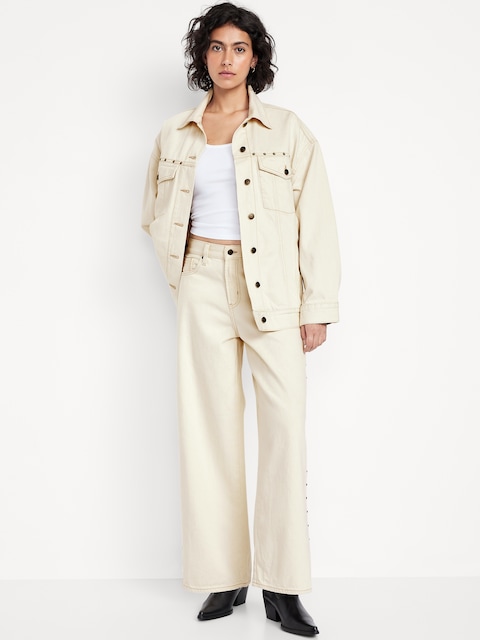 High-Waisted Baggy Wide-Leg Studded Jeans - Ecru