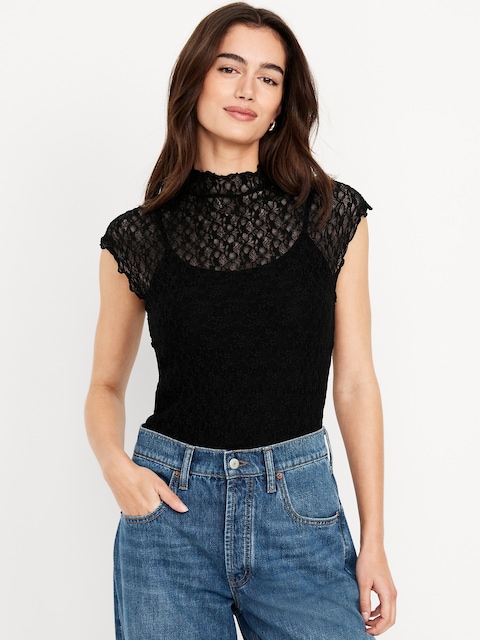Mock-Neck Lace Top - Black Jack