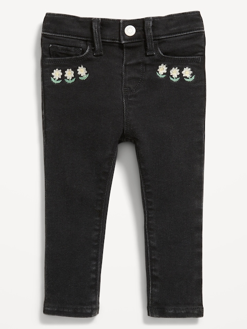 High-Waisted Embroidered Rockstar 360° Stretch Jeggings for Toddler Girls - Black Floral
