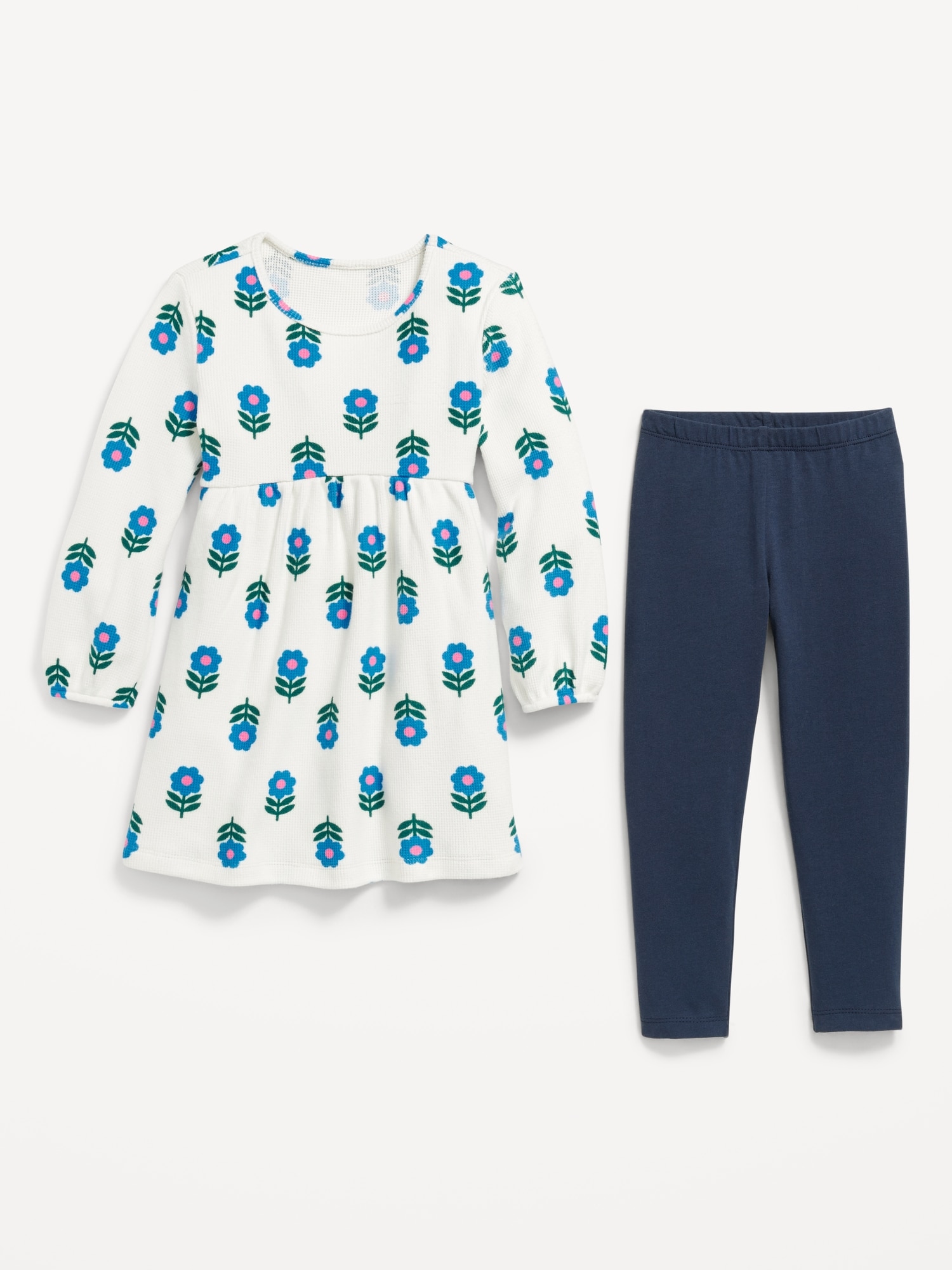 Long-Sleeve Waffle-Knit Dress and Leggings Set for Toddler Girls