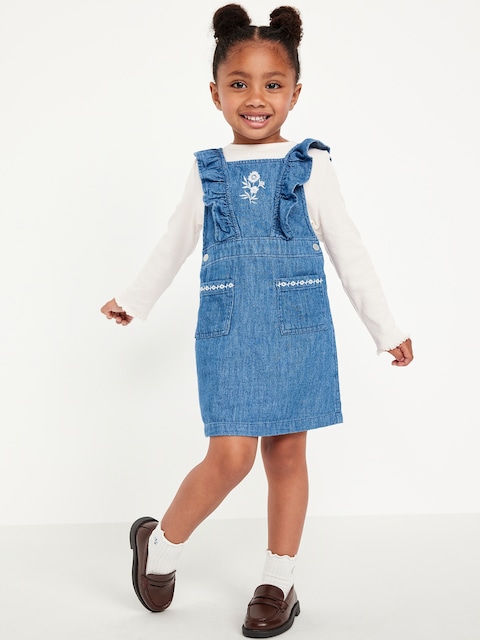 Long-Sleeve Ribbed T-Shirt and Embroidered Jean Dress Set for Toddler Girls - Medium Wash