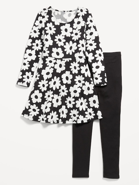 Long-Sleeve Fit and Flare Dress and Leggings Set for Girls - Black Floral