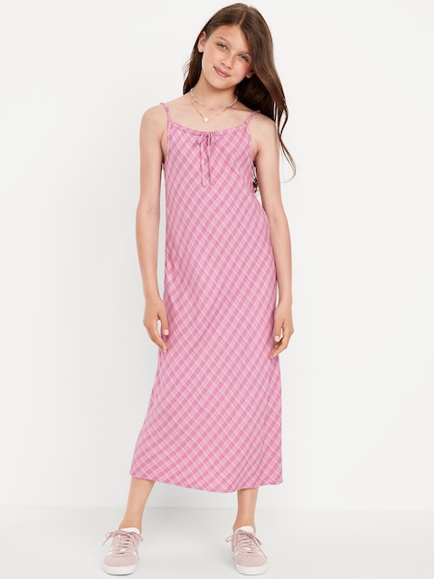 Printed Sleeveless Fit and Flare Maxi Dress for Girls - White/Pink Plaid
