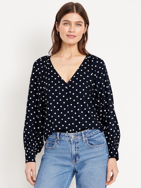 Crepe Button-Down Top - Navy Dots