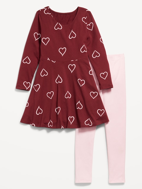 Long-Sleeve Fit and Flare Dress and Leggings Set for Girls - Hearts