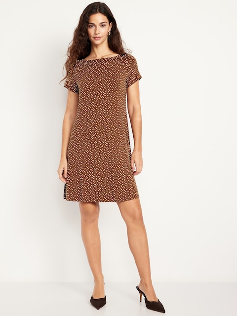 Short-Sleeve Mini Swing Dress - Brown Dots