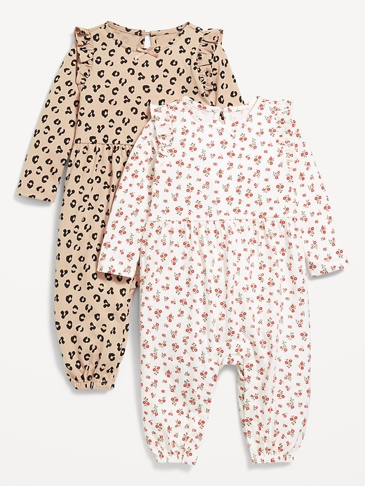Image number 1 showing, Printed Long-Sleeve Ruffle-Trim One-Piece 2-Pack for Baby