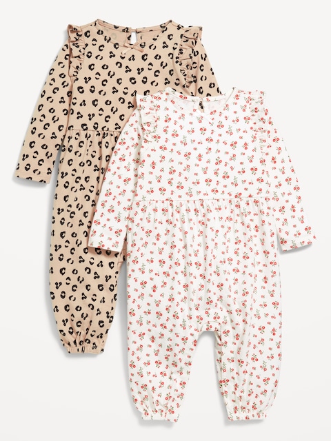 Printed Long-Sleeve Ruffle-Trim One-Piece 2-Pack for Baby