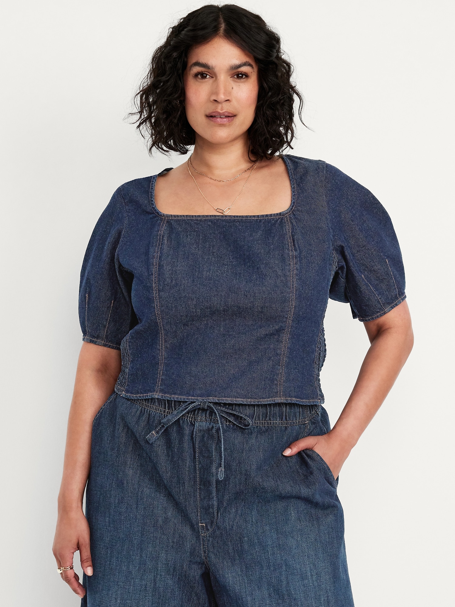 Square-Neck Denim Cropped Top