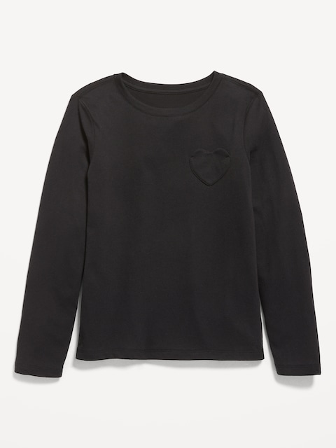 Softest Long-Sleeve Heart-Pocket T-Shirt for Girls - Black Jack