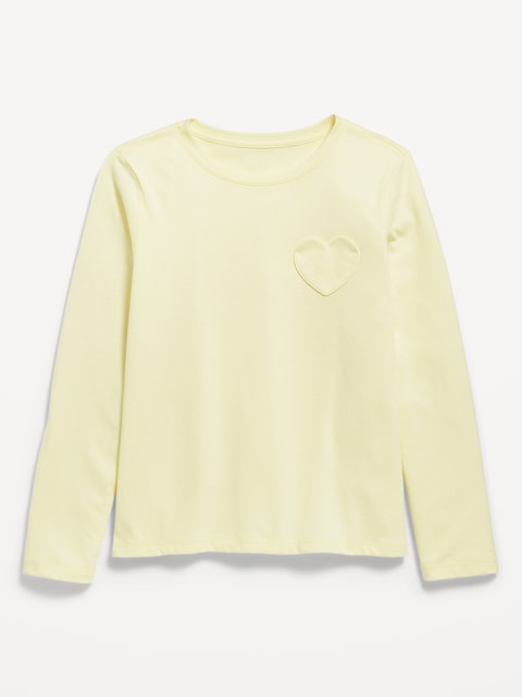Softest Long-Sleeve Heart-Pocket T-Shirt for Girls - Honeydew