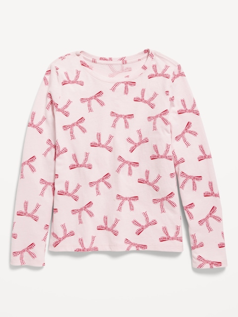 Softest Printed Long-Sleeve T-Shirt for Girls - Pink Bow