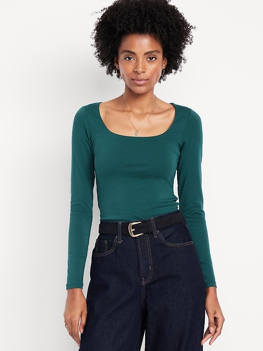 Image number 1 showing, Fitted Double-Layer Scoop-Neck Top
