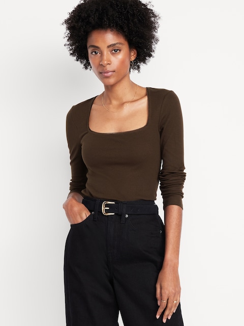 Long-Sleeve Square-Neck Top - Earthen
