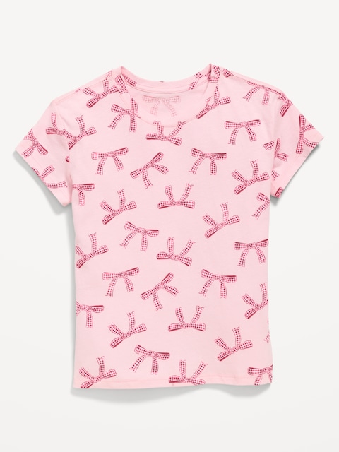 Softest Printed Short-Sleeve T-Shirt for Girls - Pink Bow