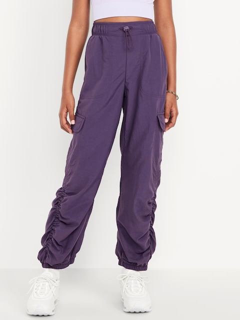 High-Waisted Side Ruched Cargo Parachute Joggers for Girls - Purple Maxine