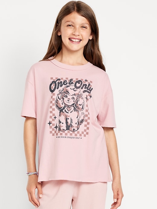 Image number 1 showing, Oversized Short-Sleeve Graphic Raw-Edge T-Shirt for Girls