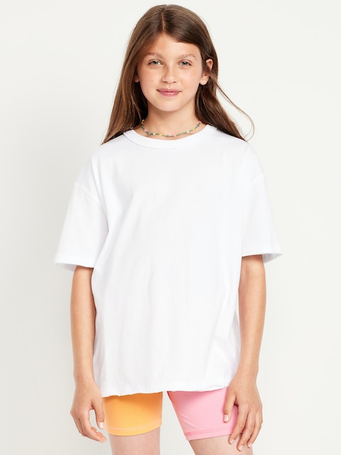 Oversized Short-Sleeve Raw-Edge T-Shirt for Girls - White Lilies