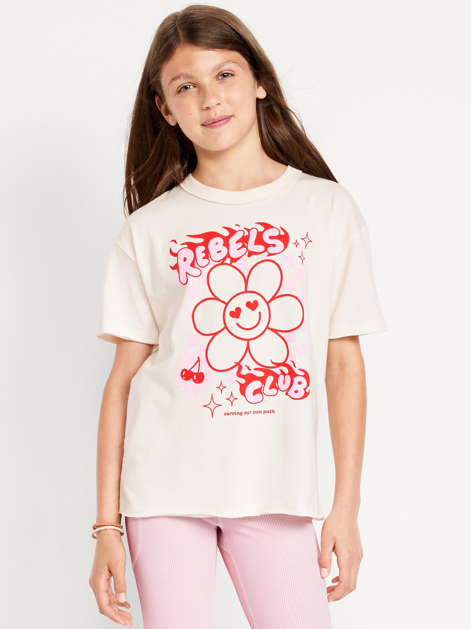 Oversized Short-Sleeve Graphic Raw-Edge T-Shirt for Girls