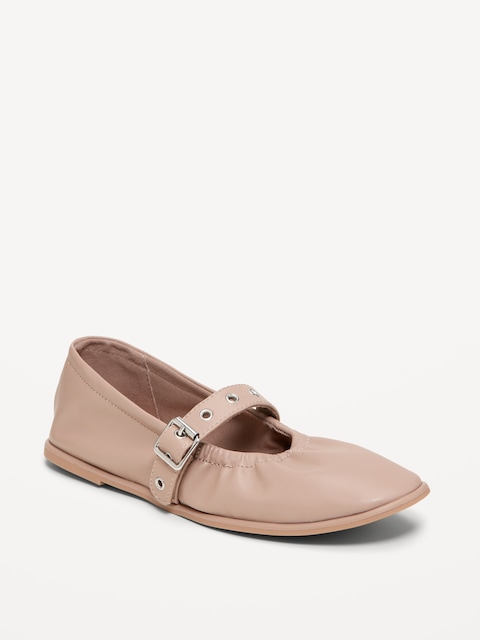 Faux-Leather Mary-Jane Scrunch Ballet Flats - Putty