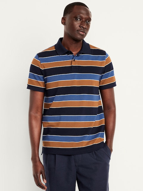 Classic Fit Striped Pique Polo - Blue/Brown Stripe