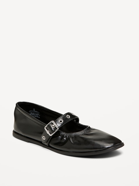 Faux-Leather Mary-Jane Scrunch Ballet Flats - Black