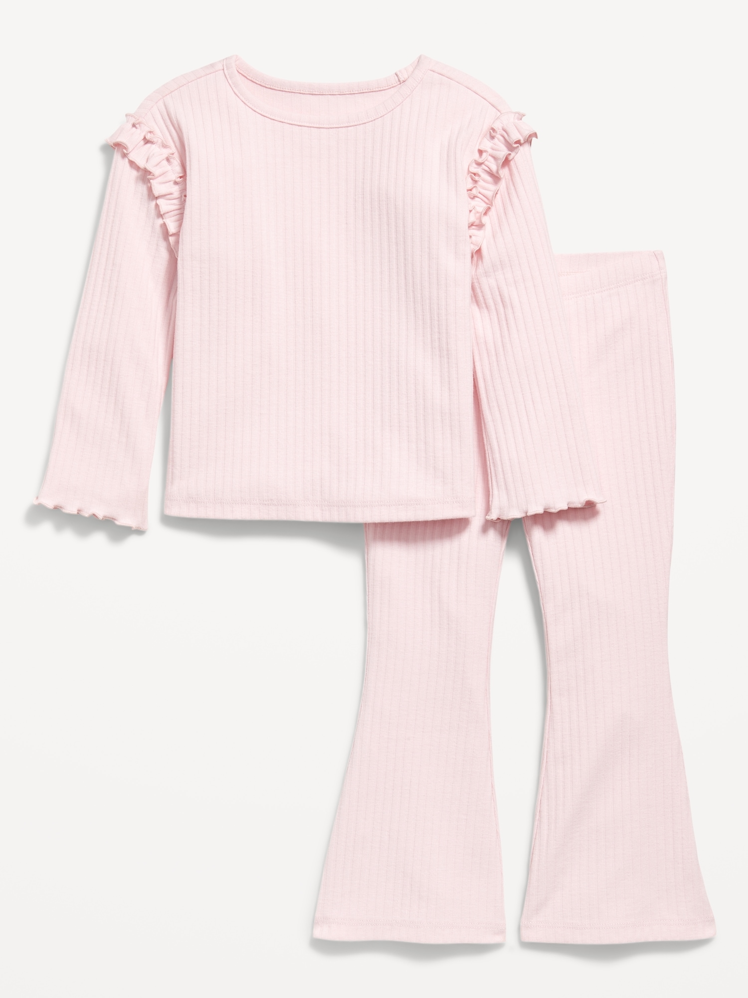 Long-Sleeve Ruffle-Shoulder Top and Flare Leggings Set for Toddler Girls