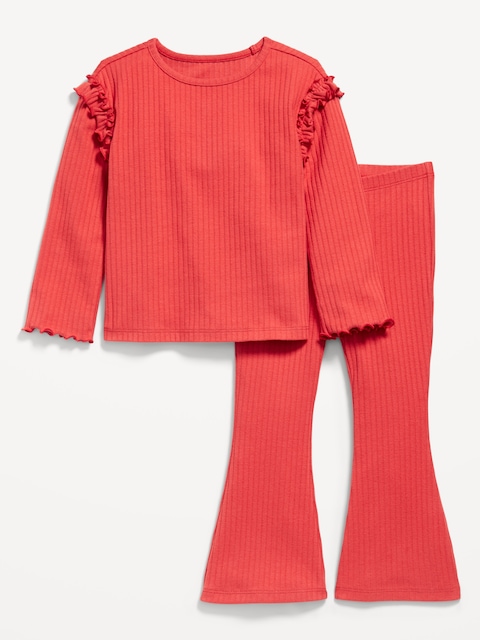 Long-Sleeve Ruffle-Shoulder Top and Flare Leggings Set for Toddler Girls - Brick Of Time