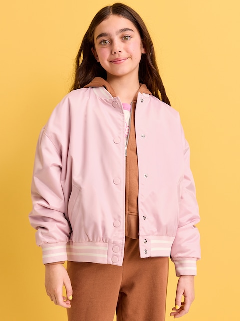 Loose Button-Front Satin Bomber Jacket for Girls - Fairytale Rose