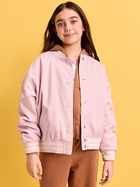 Image number 1 showing, Loose Button-Front Satin Bomber Jacket for Girls