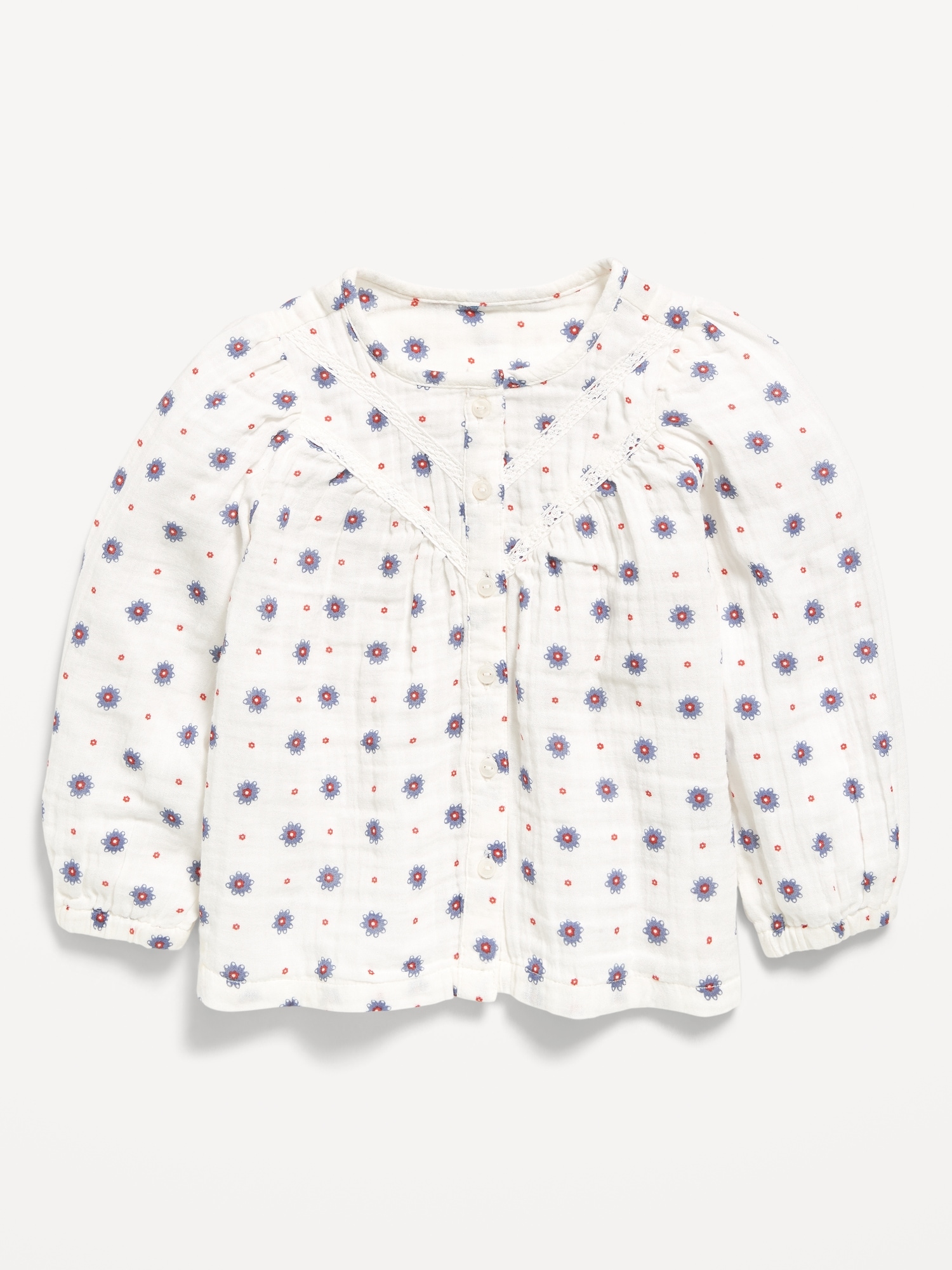Printed Long-Sleeve Double-Weave Button-Front Top for Toddler Girls
