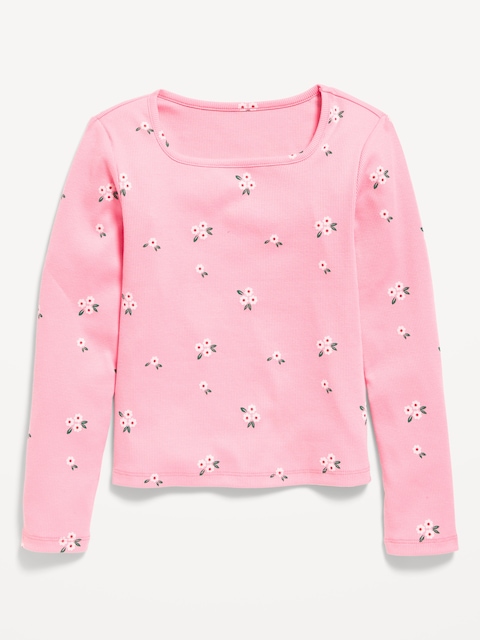 Printed Fitted Long-Sleeve Ribbed Top for Girls - Pink Ditsy Floral