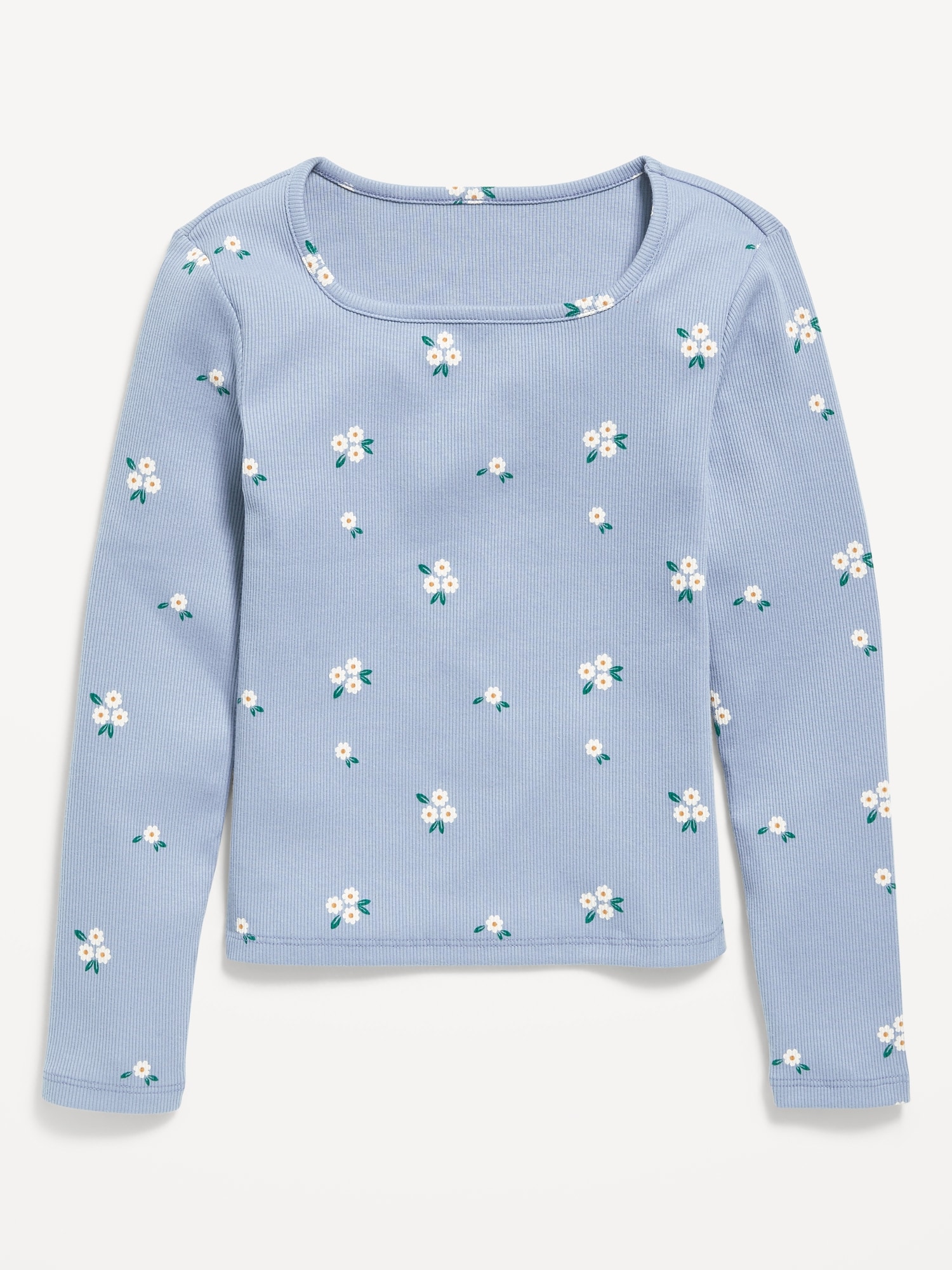 Printed Fitted Long-Sleeve Ribbed Top for Girls