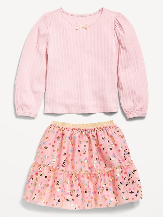 Image number 3 showing, Long-Sleeve Pointelle Top and Tutu Skirt Set for Toddler Girls