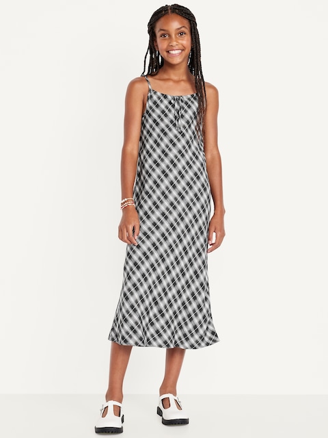 Printed Sleeveless Fit and Flare Maxi Dress for Girls - Black/White Plaid