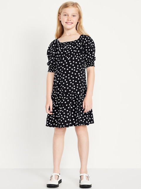 Short-Sleeve Crinkle Crepe Swing Dress for Girls - Black/White Dots