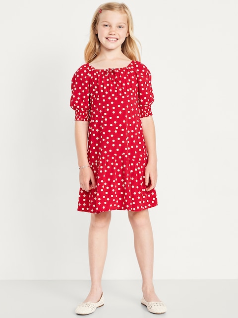 Short-Sleeve Crinkle Crepe Swing Dress for Girls - Red Polka Dots
