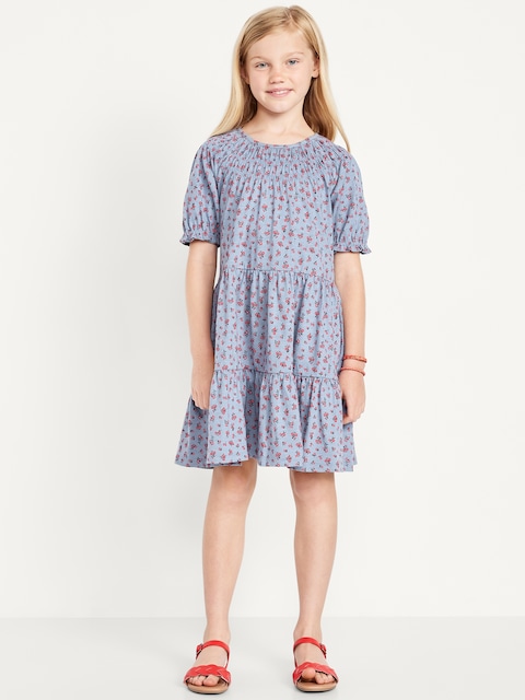 Printed Short-Sleeve Swing Dress for Girls - Blue Ditsy Floral