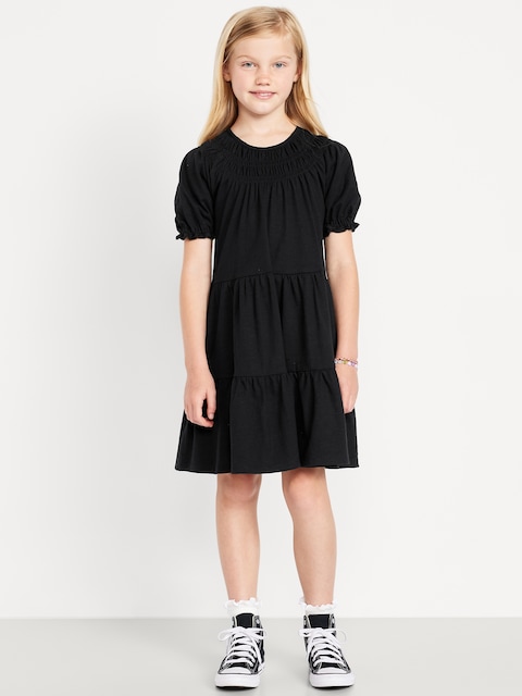 Short Puff-Sleeve Tiered Swing Dress for Girls - Black Jack