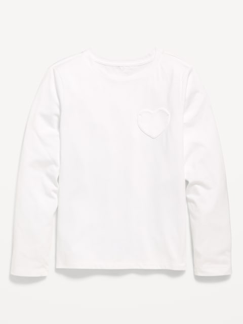 Softest Long-Sleeve Heart-Pocket T-Shirt for Girls - Calla Lily White