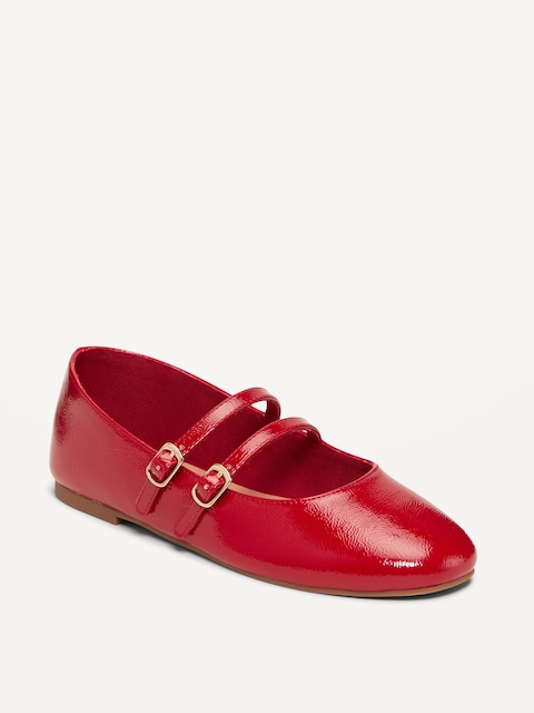 Strappy Shiny Faux-Leather Ballet Flats for Girls - Red 07