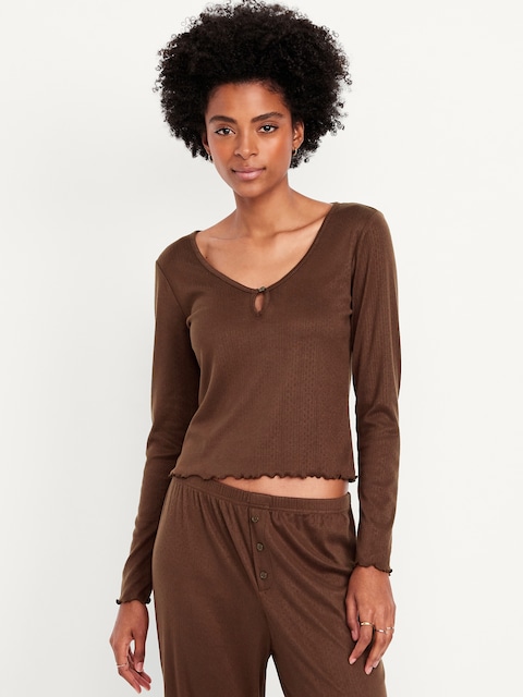 Cozy Lettuce-Edge Pajama Top - Tannin Brown