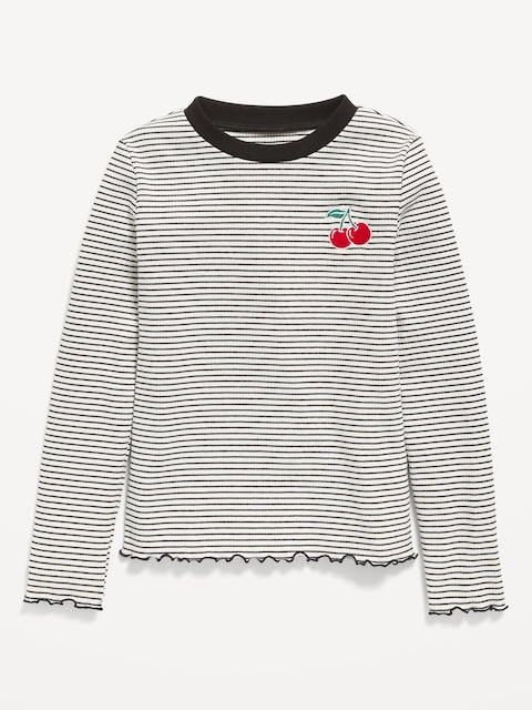 Printed Long-Sleeve Fitted Ringer Top for Girls - Black Jack