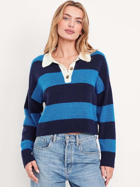 SoSoft Crop Polo Sweater - Blue/Navy Stripe