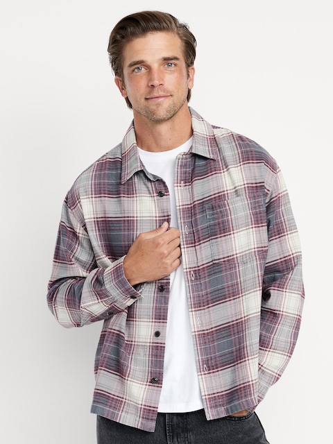 Cropped Plaid Flannel Shirt - Red Multi Plaid