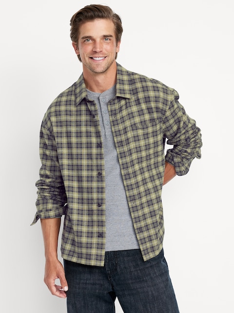 Loose Fit Cropped Plaid Flannel Shirt - Olive Plaid