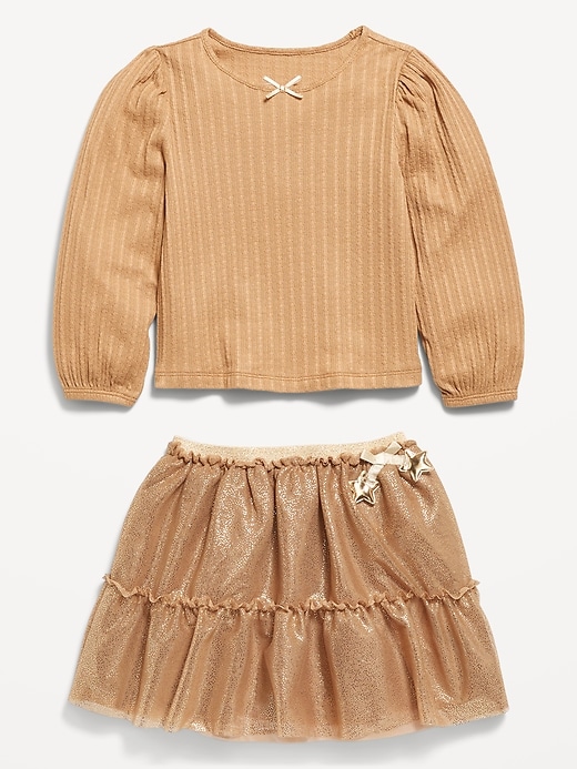 Image number 3 showing, Long-Sleeve Pointelle Top and Tutu Skirt Set for Toddler Girls