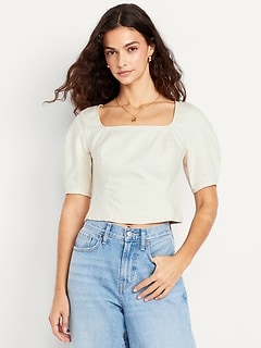 Square-Neck Seamed Denim Top